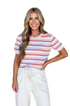Stripe Textured Knit Short Sleeve Sweater