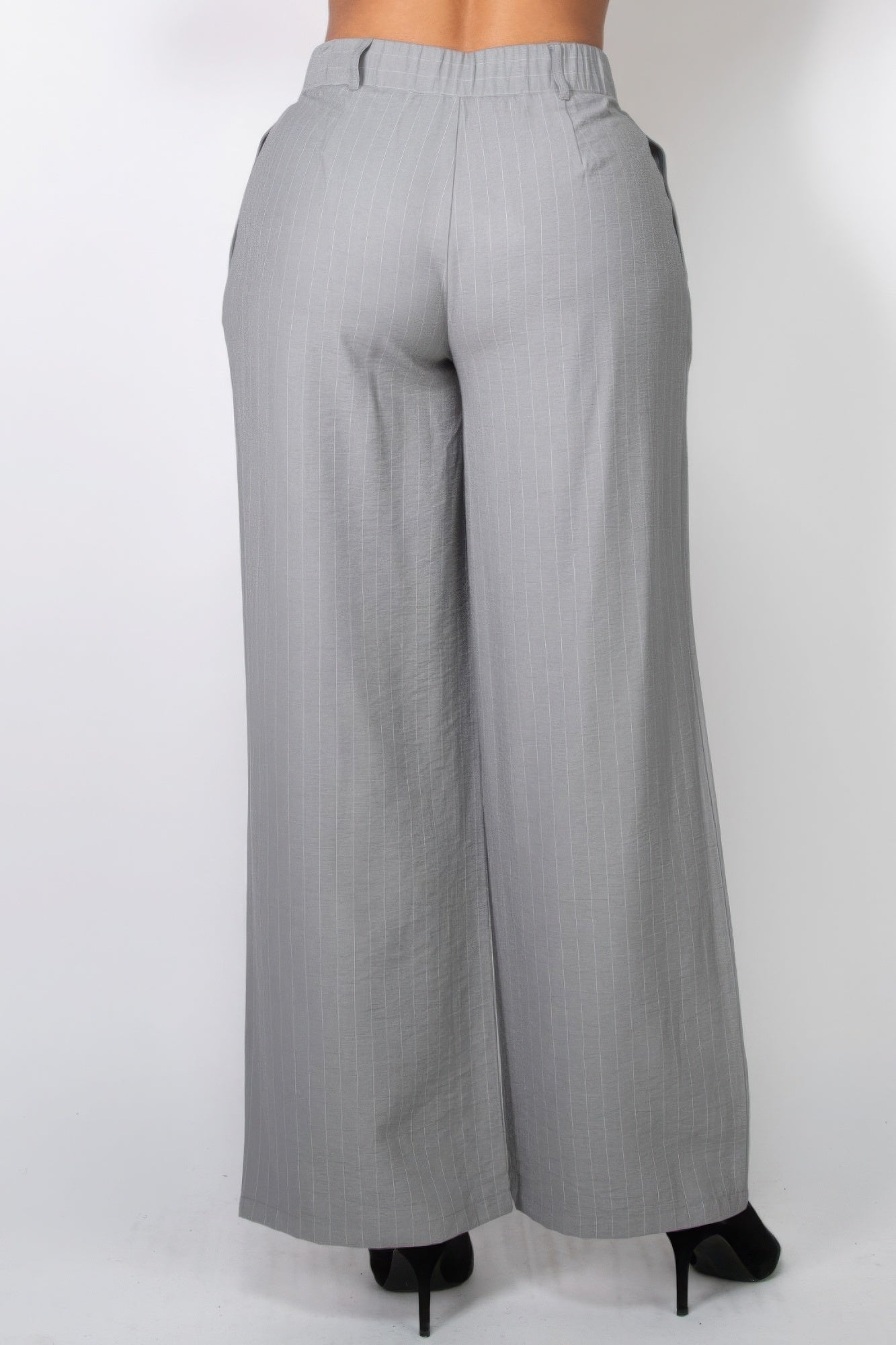 Gray stripe wide leg trousers women with high waist and back pockets by VacationGrabs