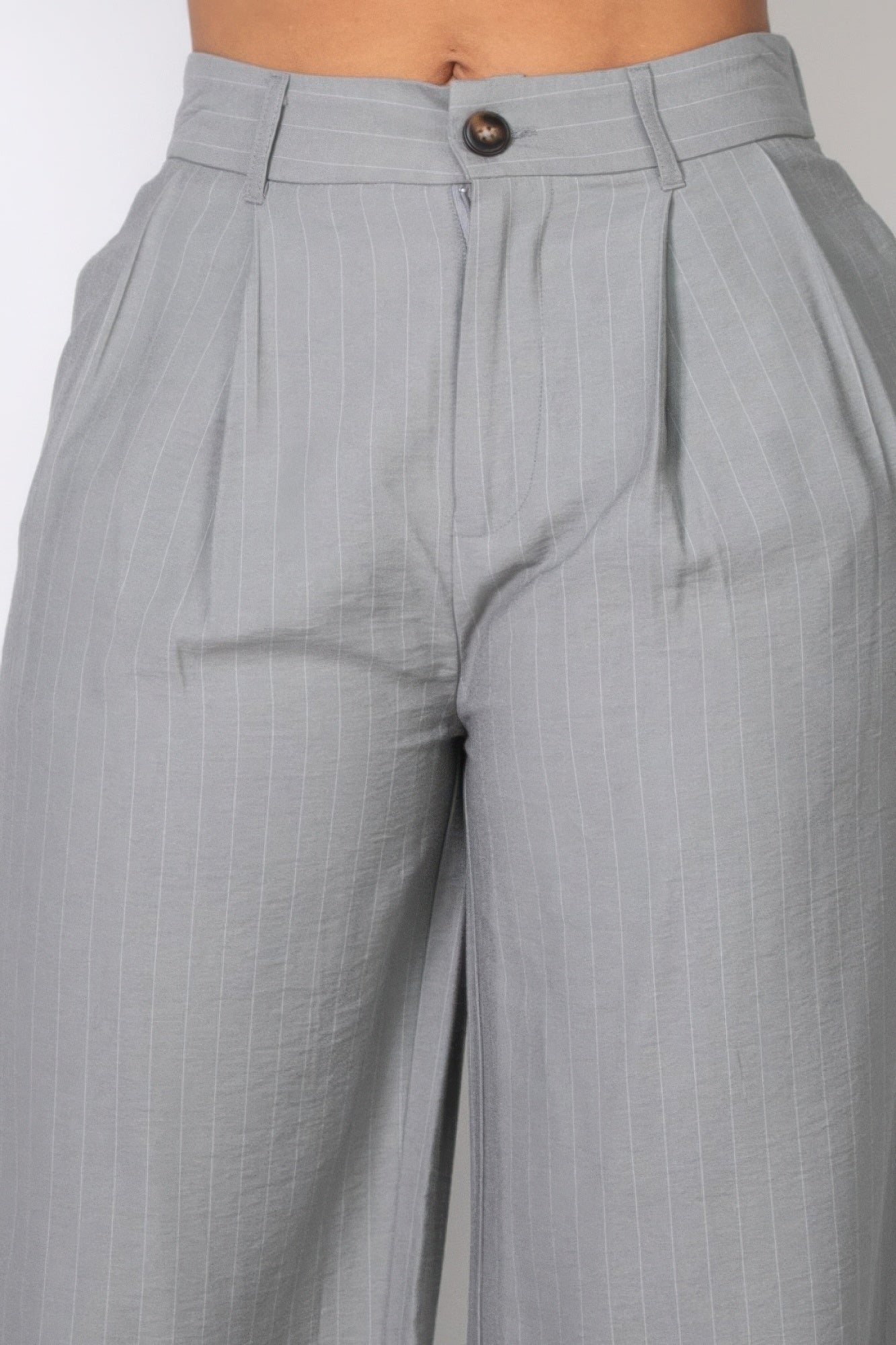VacationGrabs stripe wide leg trousers women in light gray with subtle pinstripe pattern and high waist button closure