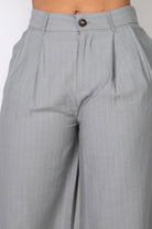 VacationGrabs stripe wide leg trousers women in light gray with subtle pinstripe pattern and high waist button closure