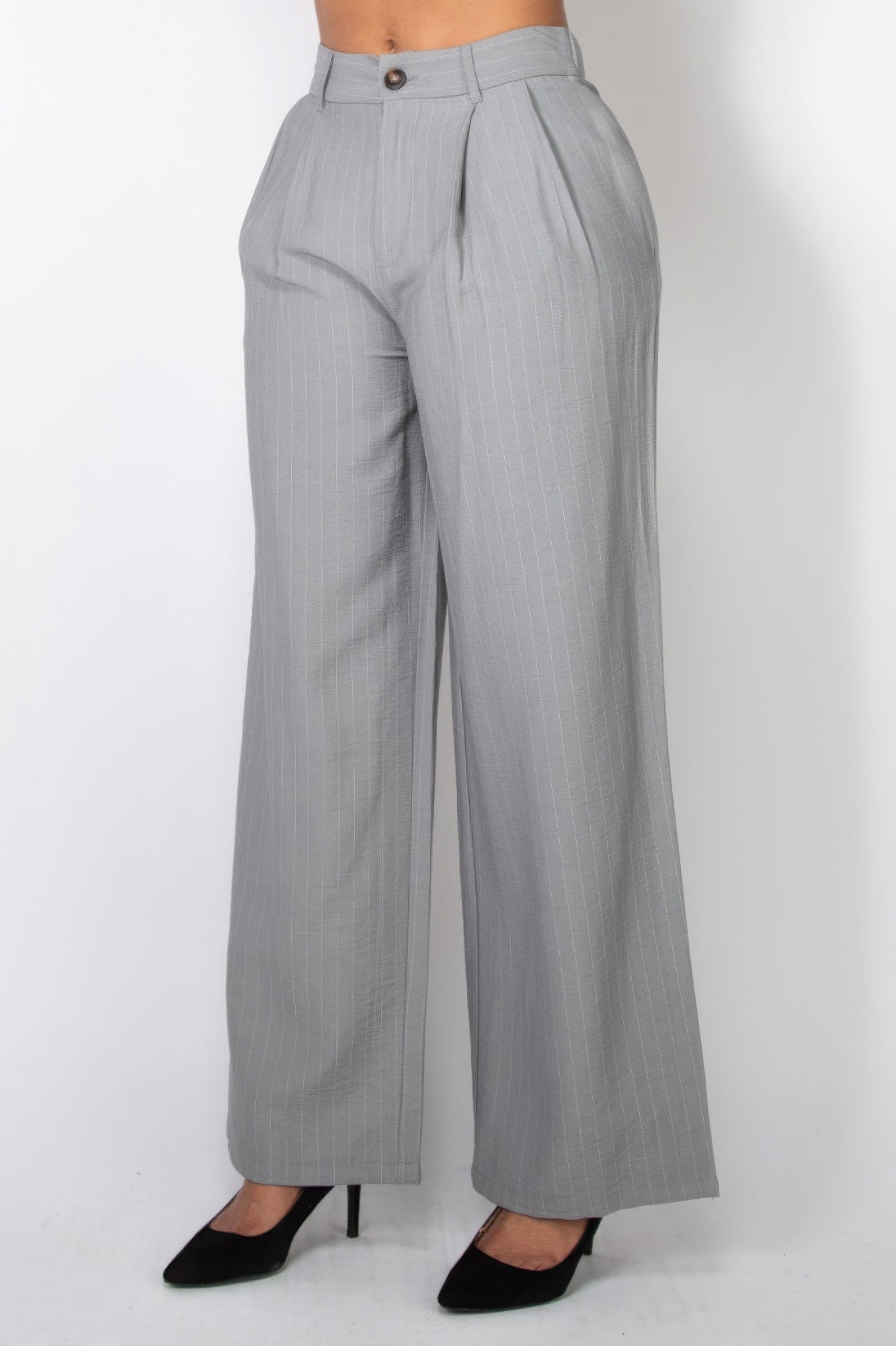 VacationGrabs stripe wide leg trousers women in light gray with pleats and high waist