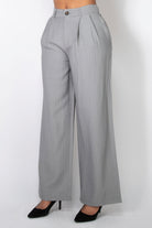 VacationGrabs stripe wide leg trousers women in light gray with pleats and high waist