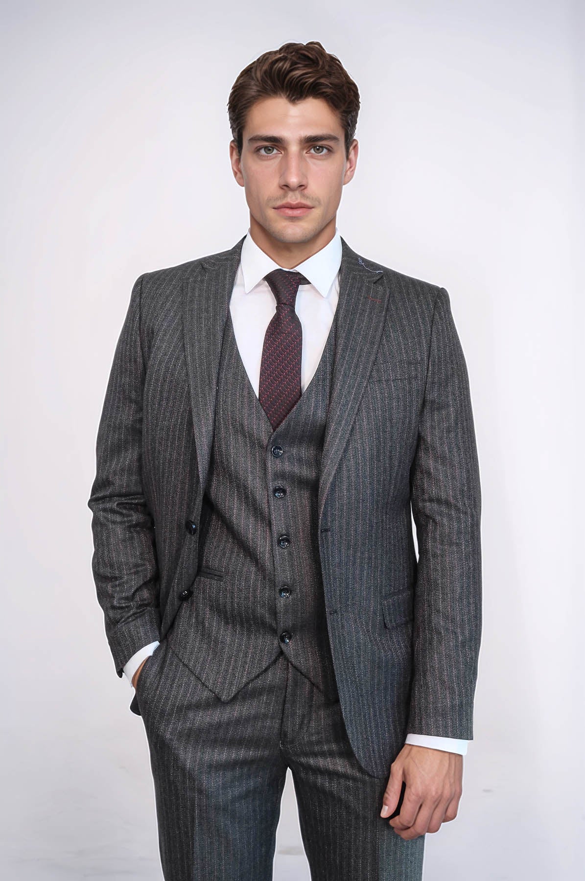 Striped Black Vested Suit by Wessi – front view