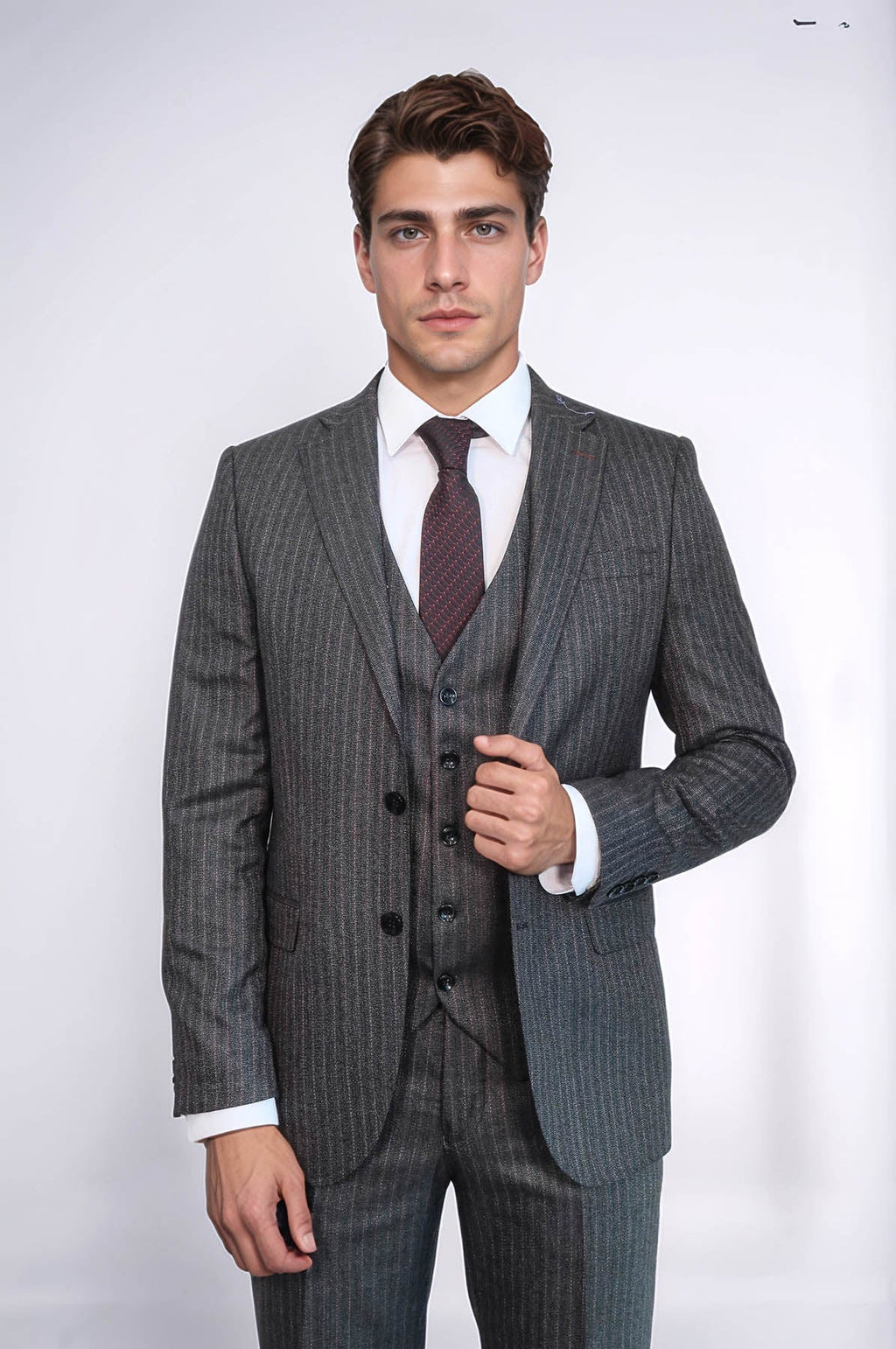 Striped Black Vested Suit – side view