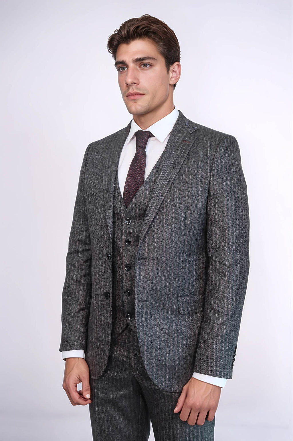 Striped Black Vested Suit – styled view