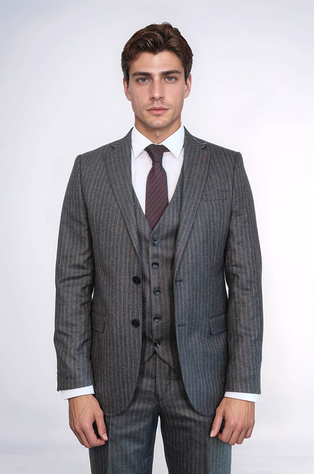 Striped Black Vested Suit – close up view