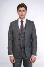 Striped Black Vested Suit – close up view