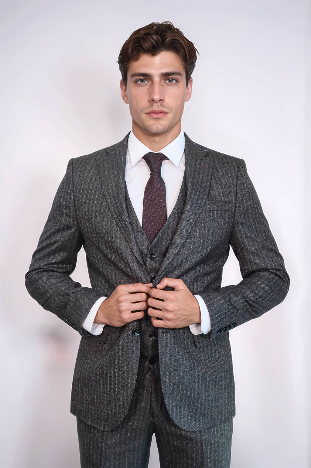Striped Black Vested Suit – full look view