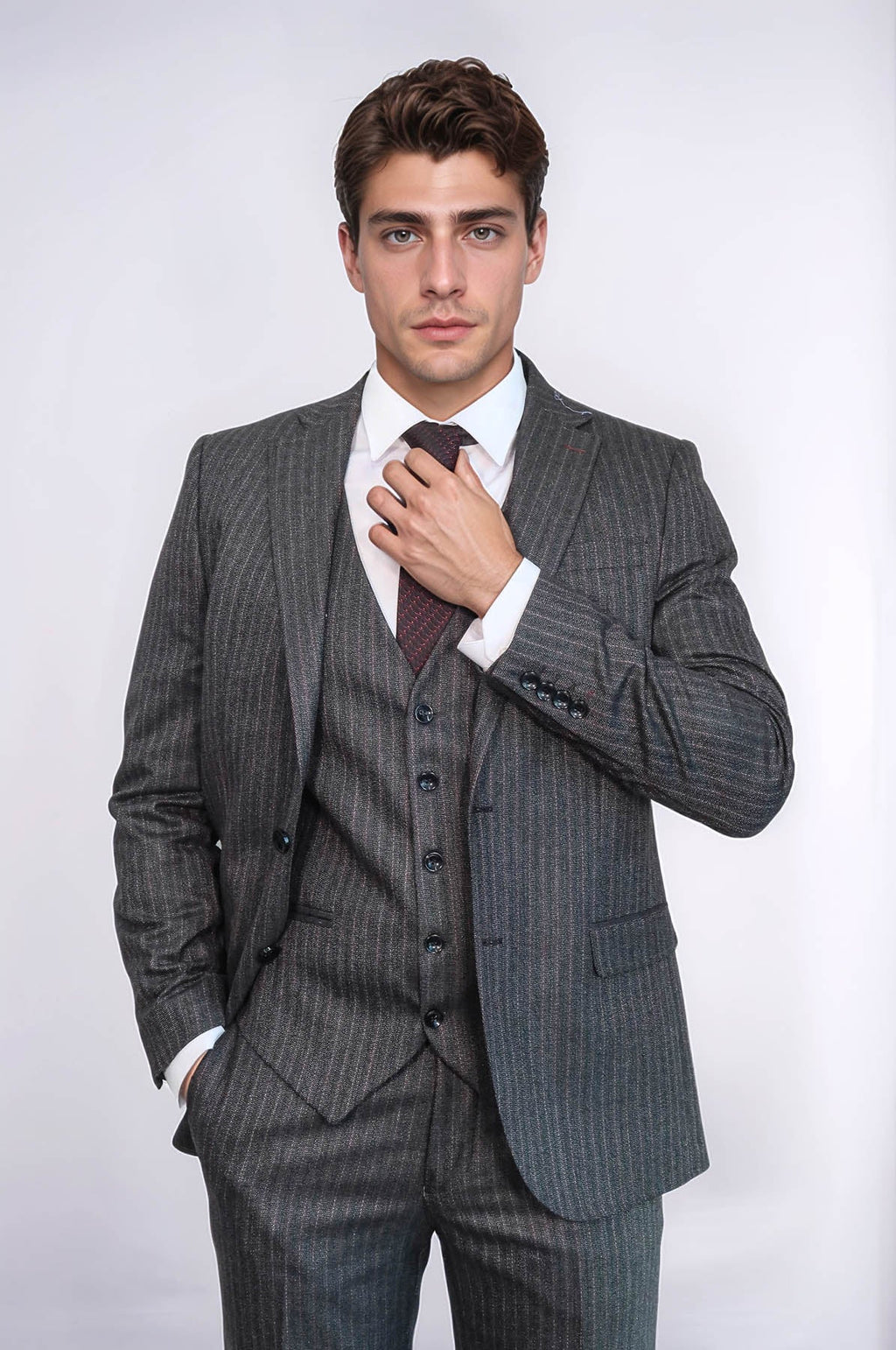 Striped Black Vested Suit – fabric detail view