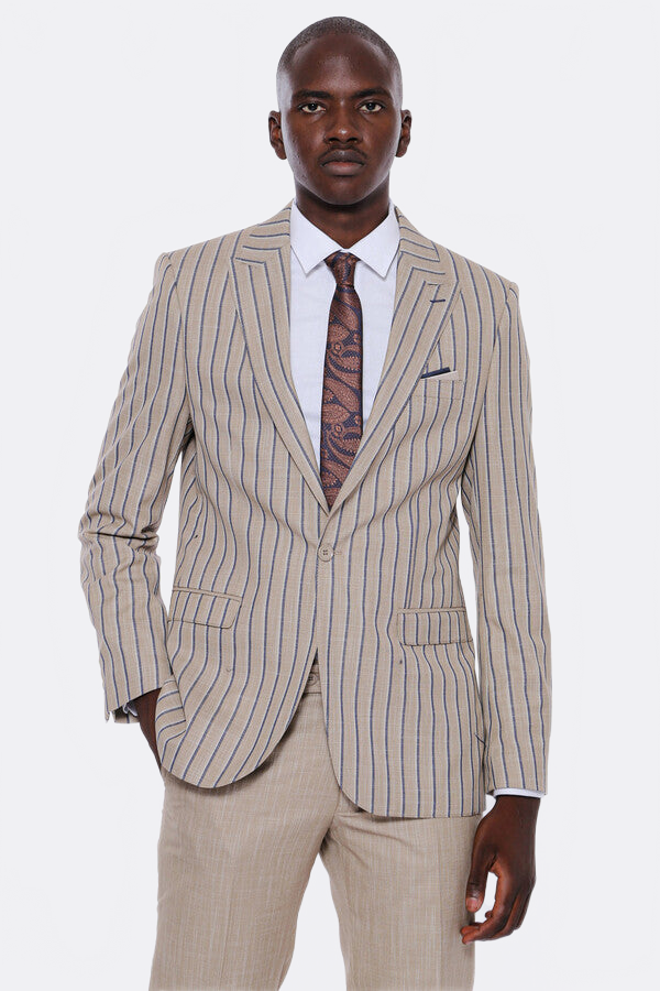 Striped Blazer Plain Pants Beige Men Suit by Wessi – front view