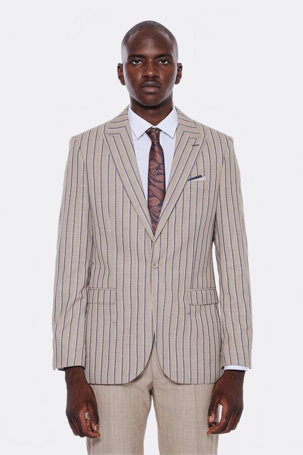 Striped Blazer Plain Pants Beige Men Suit by Wessi – styled view