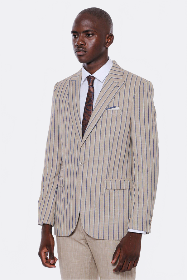 Striped Blazer Plain Pants Beige Men Suit by Wessi – close up view