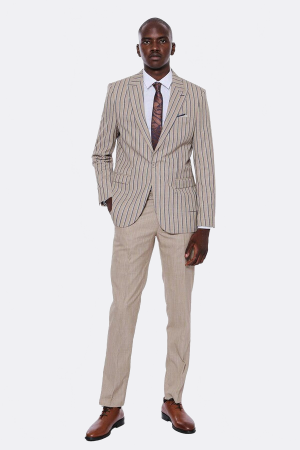 Striped Blazer Plain Pants Beige Men Suit by Wessi – fabric detail view