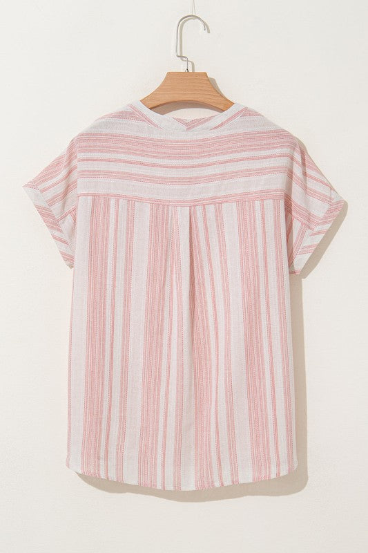 Striped button up short sleeve blouse in pink and white with a relaxed fit and stylish design