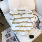 Striped collared knit crop top in white and beige, casual wear