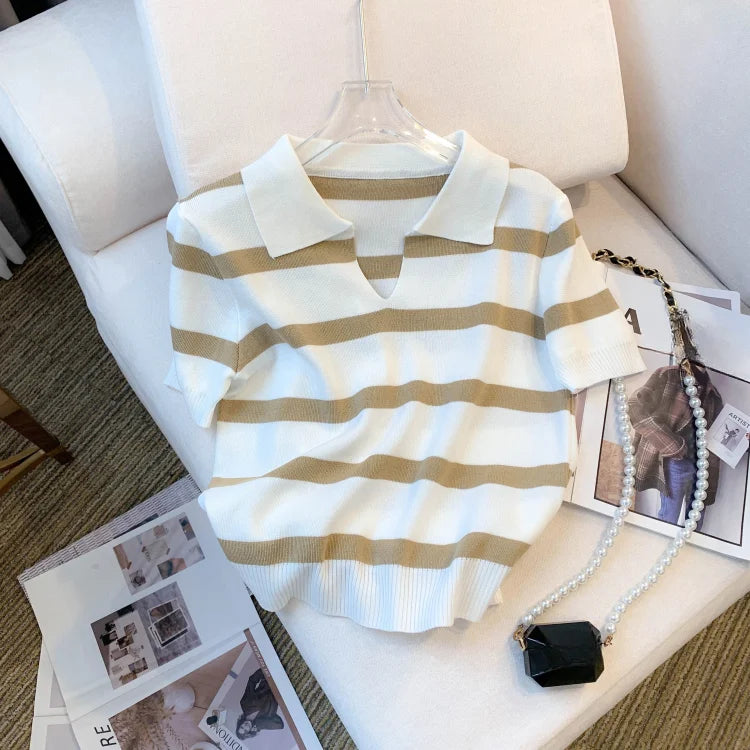 Striped collared knit crop top in white and beige, casual wear
