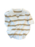 Striped collared knit crop top in white and beige for casual wear