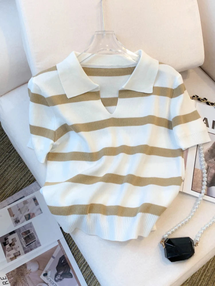 Striped collared knit crop top in white and beige for casual wear