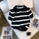 striped collared knit crop top in black and white for casual wear