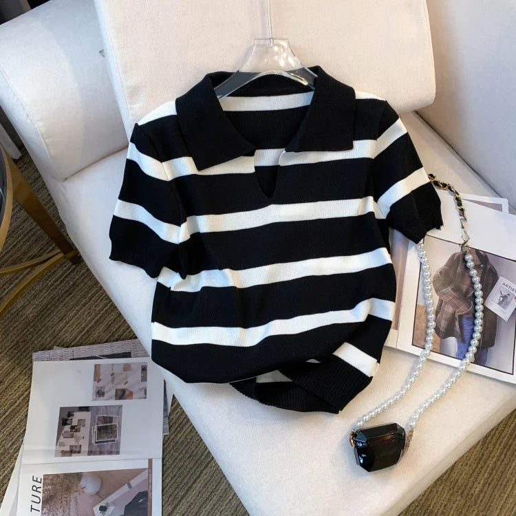 striped collared knit crop top in black and white for casual wear