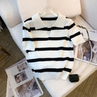 Striped collared knit crop top in black and white for casual wear