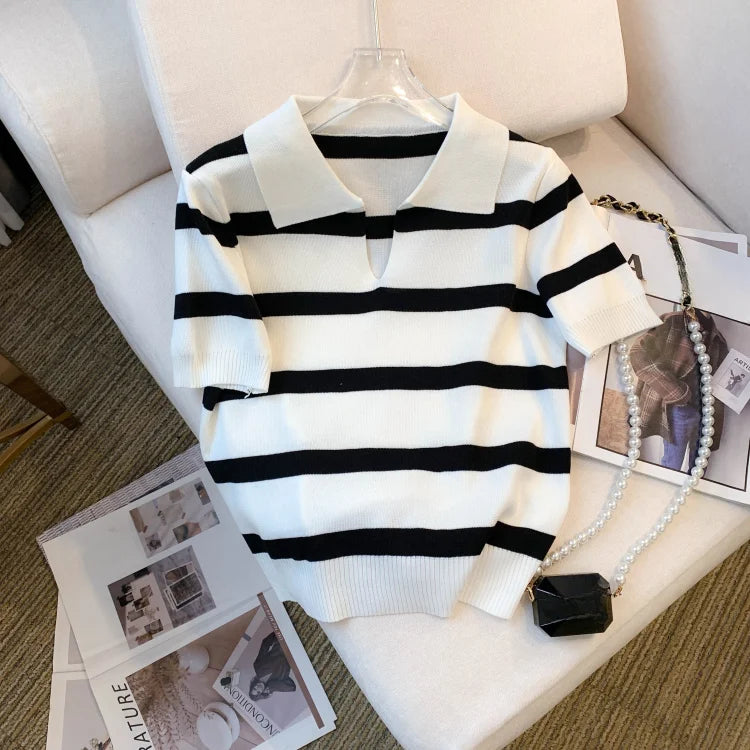 Striped collared knit crop top in black and white for casual wear