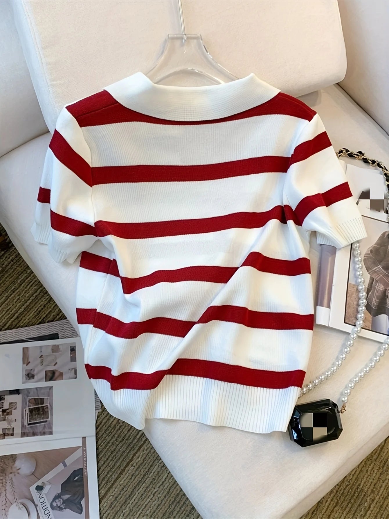 Striped collared knit crop top in red and white, perfect for casual outings