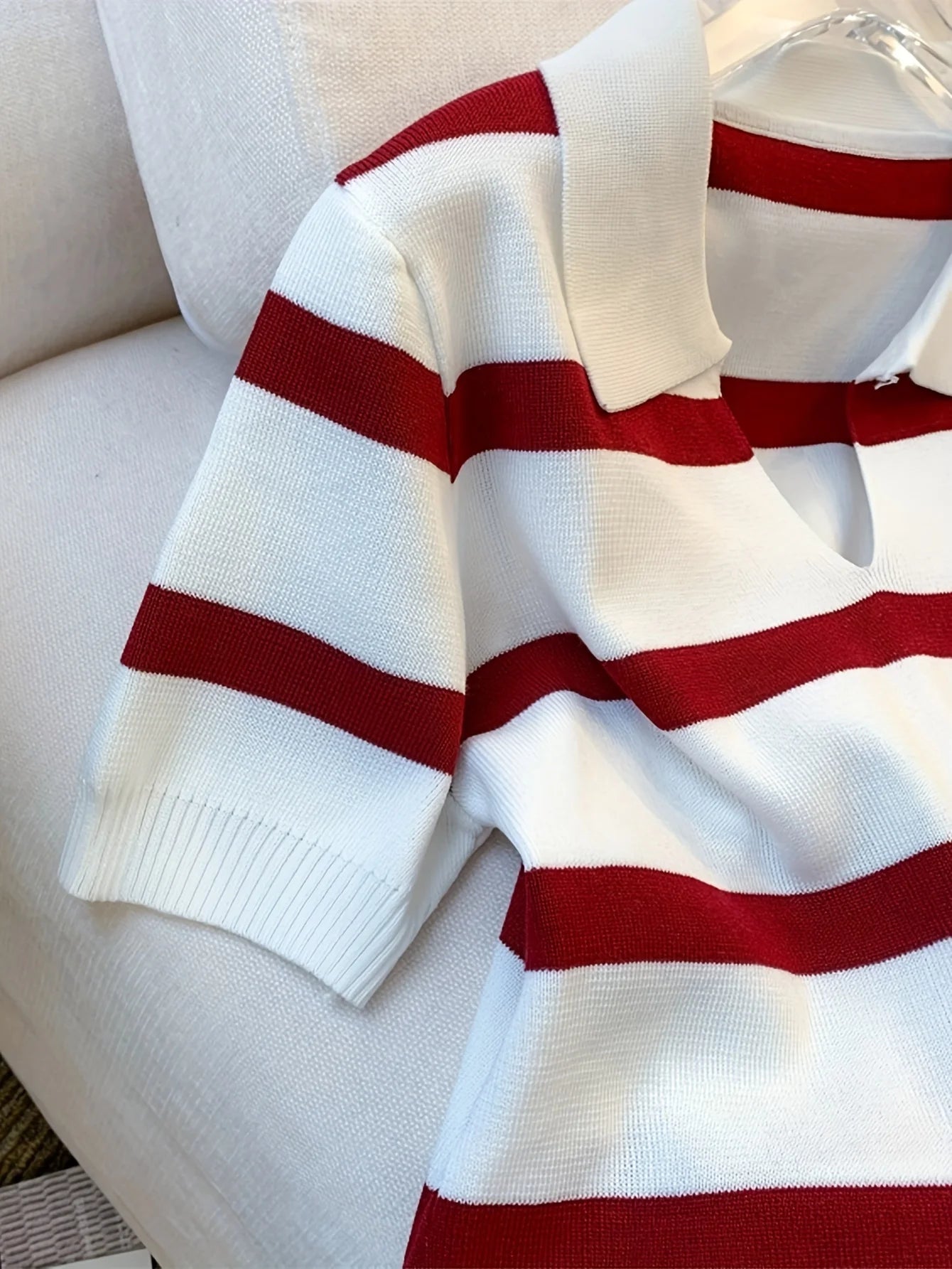Striped collared knit crop top in red and white, stylish for casual outings