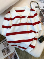 Striped collared knit crop top in white and red, perfect for casual outings