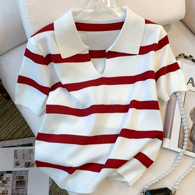 Striped collared knit crop top in red and white for casual outings