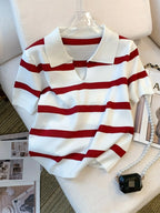 Striped collared knit crop top in red and white, stylish for casual outings