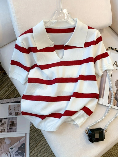 Striped collared knit crop top in red and white, stylish for casual outings