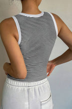 Back view of a striped crop tank top from VacationGrabs, perfect for summer styling