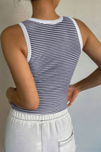 Back view of a VacationGrabs striped crop tank top in navy and white, perfect for summer outfits