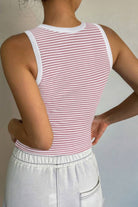 Back view of a striped crop tank top from VacationGrabs, featuring a fitted design and comfortable fabric