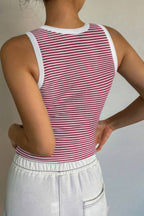 Back view of a Women's striped crop tank top by VacationGrabs, featuring a fitted design and white trim
