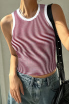 VacationGrabs striped crop tank top in red and white stripes with a fitted design and casual style