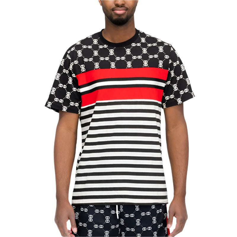 WEIV striped graphic tee for men with black and white stripes and bold red accents