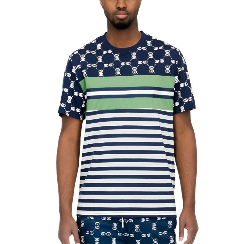 WEIV navy and white striped graphic tee for men with green band and chain link pattern