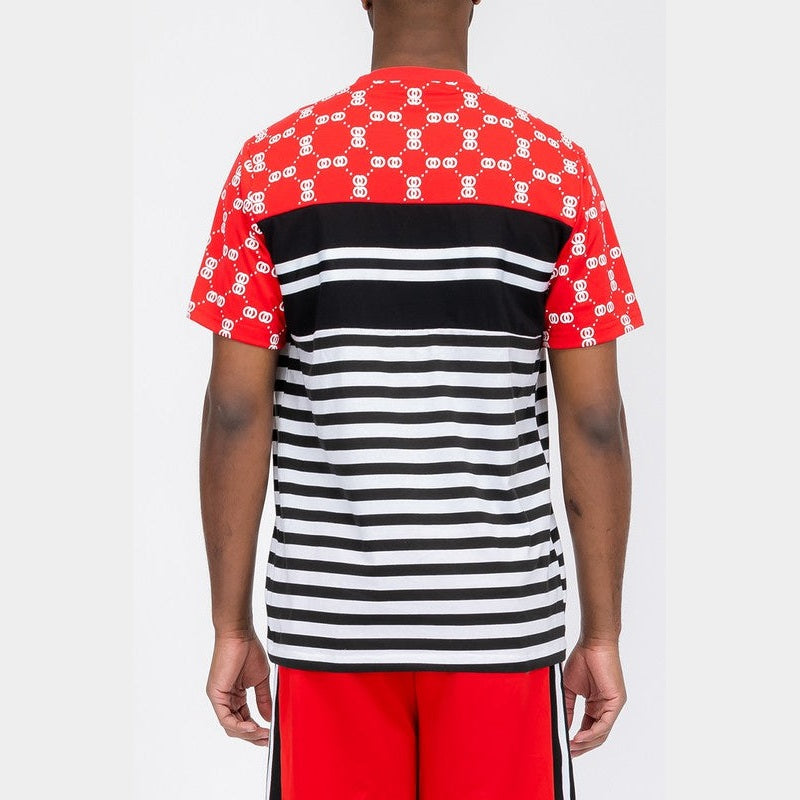 Back view of WEIV striped graphic tee for men with red patterned top and black white horizontal stripes