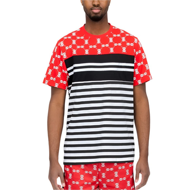 WEIV striped graphic tee for men with black and white horizontal stripes and red patterned upper section