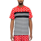 WEIV striped graphic tee for men with black and white horizontal stripes and red patterned upper section