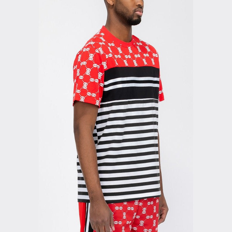 WEIV striped graphic tee for men in red black and white with bold graphic and stripe design