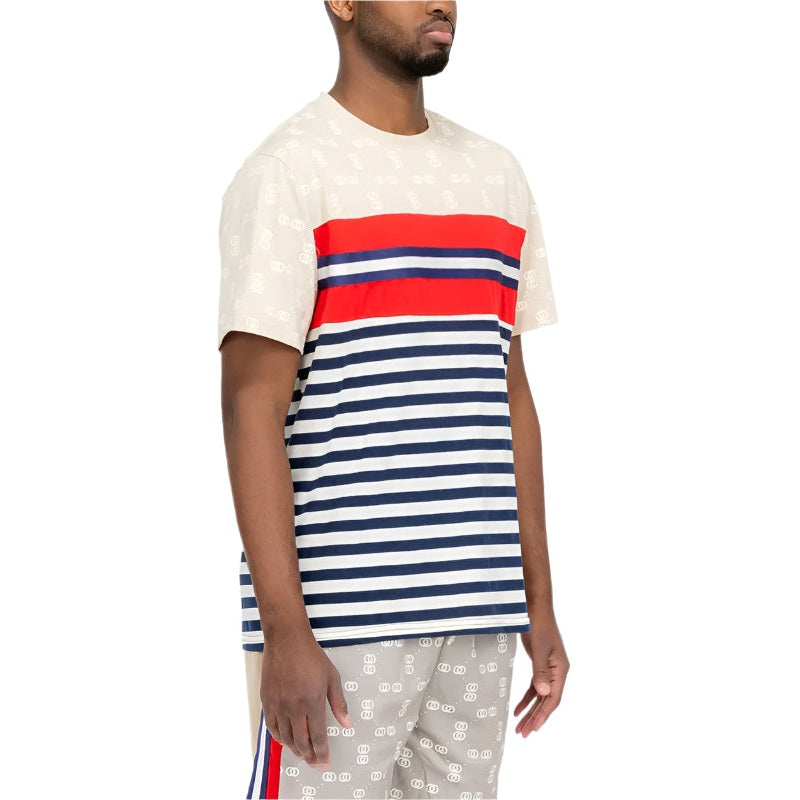 WEIV striped graphic tee for men with red and navy blue stripes and beige sleeves