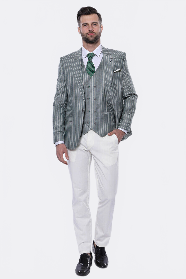 Striped Green Men Suit by Wessi – fabric detail view