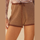 VacationGrabs women's striped knit sweater shorts in brown with drawstring waist and soft knit fabric