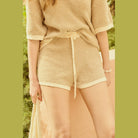 VacationGrabs women's striped knit sweater shorts in beige with drawstring waist and matching top