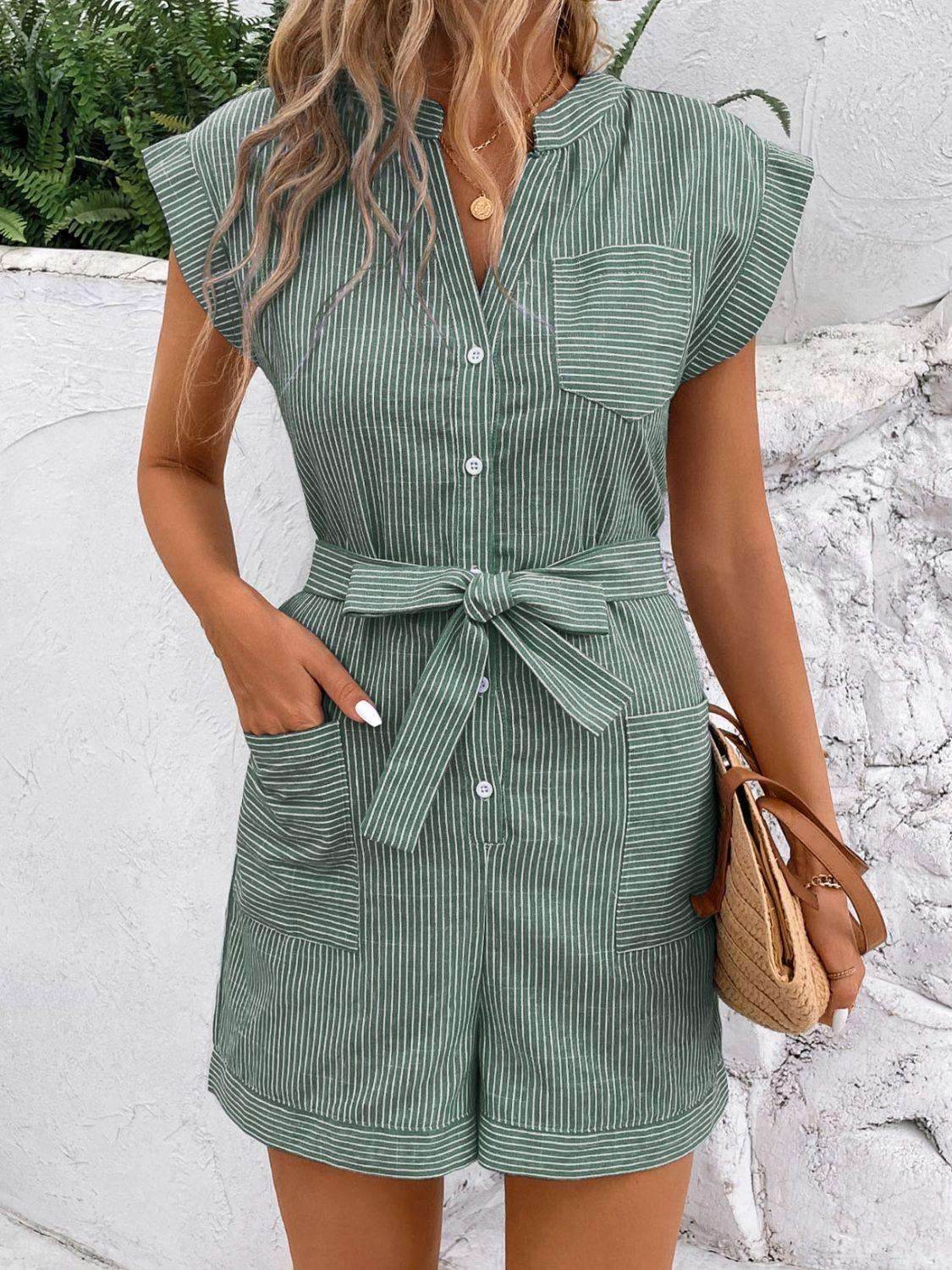 Striped Notched Tie Waist Romper - VacationGrabs