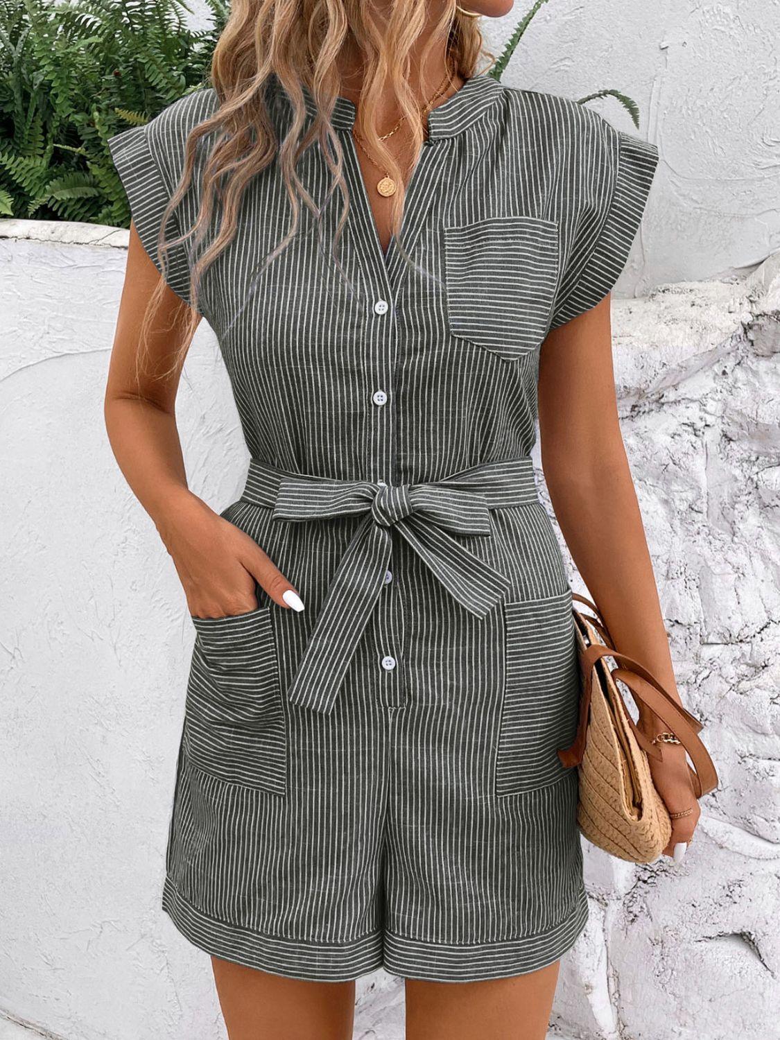 Women's Jumpsuits & Rompers Striped Notched Tie Waist Romper