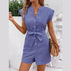 Striped Notched Tie Waist Romper - VacationGrabs